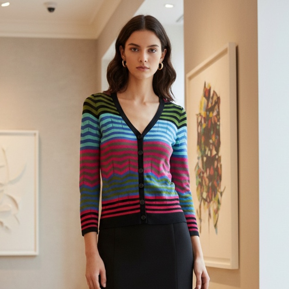 M by Missoni Multicolor Chevron Striped Viscose Cotton Pointelle Cardigan Size 4